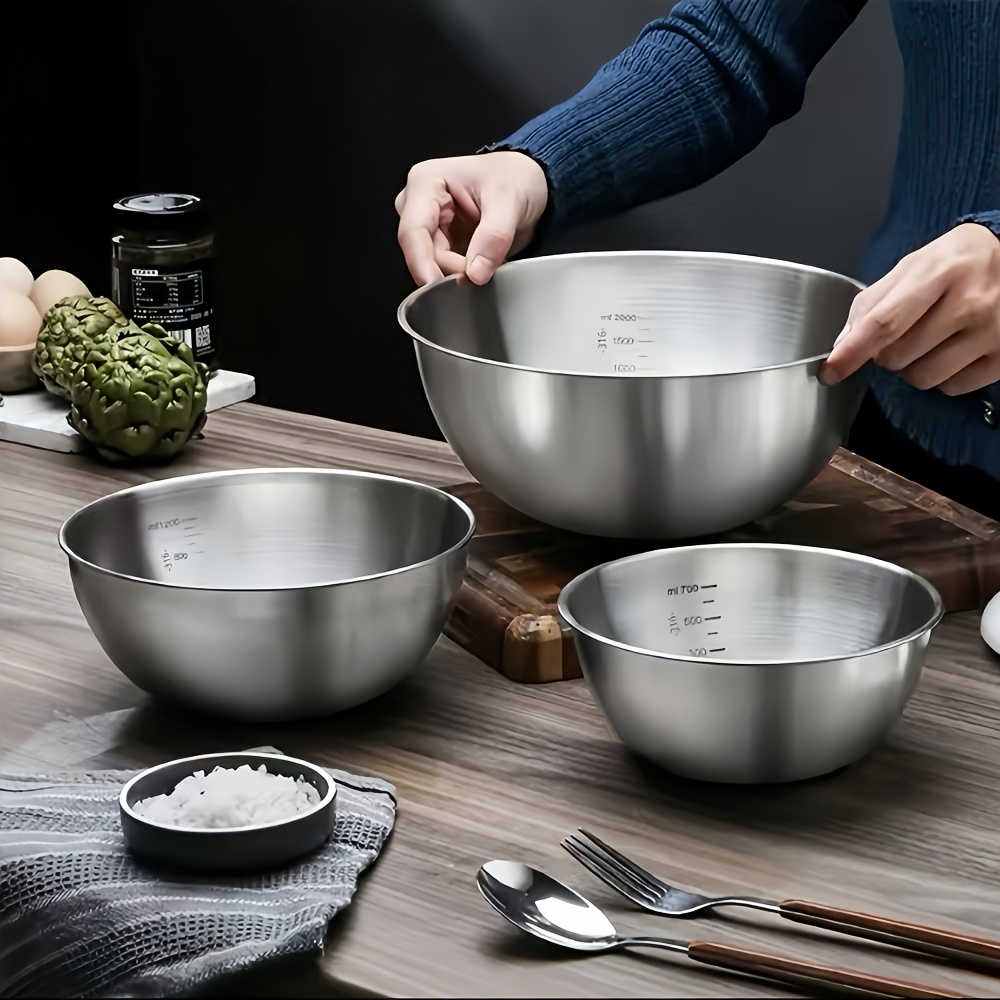 Food Storage And Preparation - 4ピースセット ステンレス製サラダボウル 目盛り付き キッチン サラダミキシングボウル 食品保存