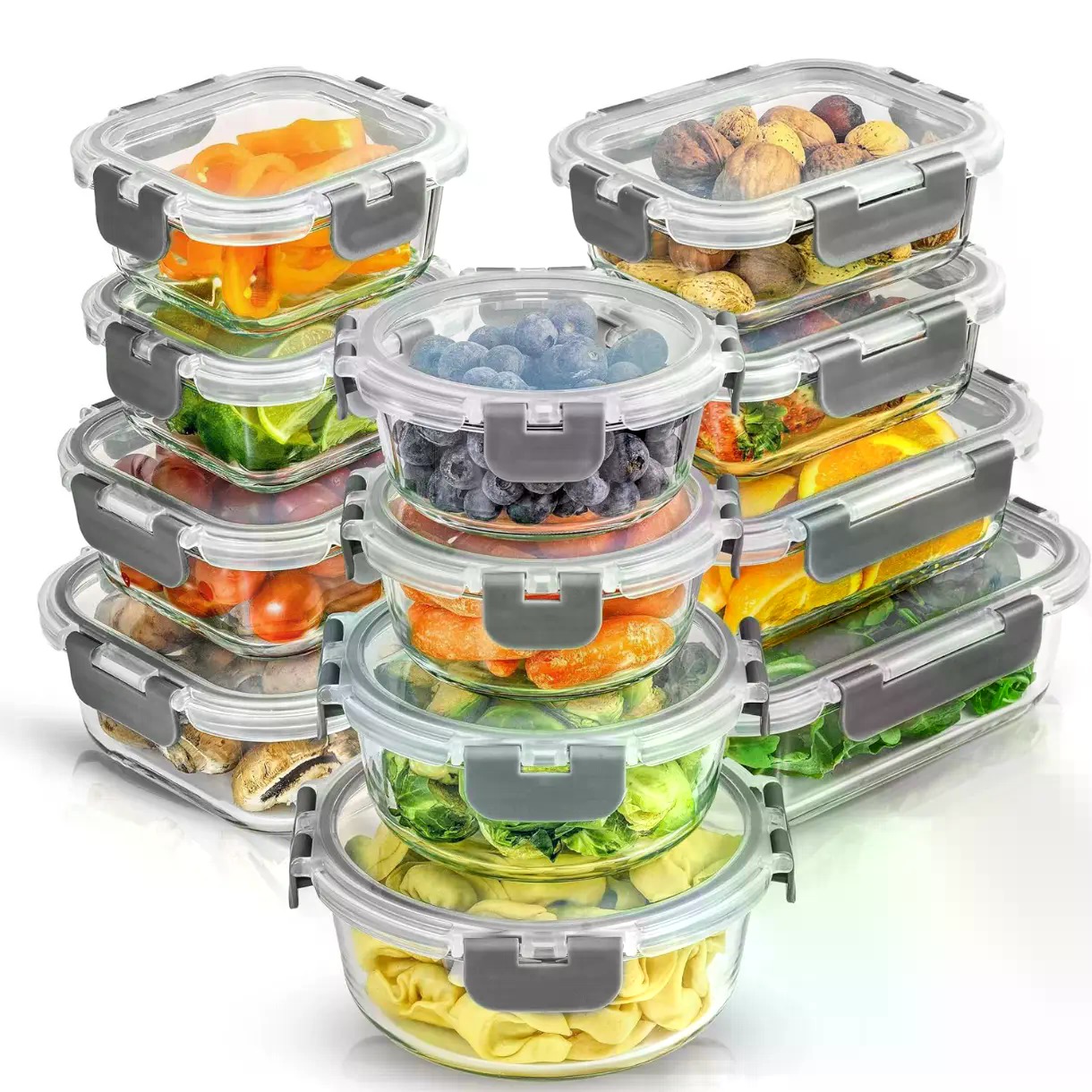Food Storage Tupperware - 蓋付き24個入りホウケイ酸ガラス保存容器 | パントリーやキッチン用の密閉・冷凍庫対応食品保存容器12個セット | ランチ用の食事準備容器 |
