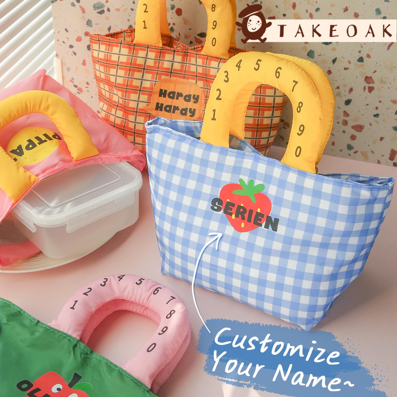 Food Storage Name - パーソナライズされたカスタム名チェック柄ランチトートバッグ防水フルーツパターンポータブル子供用食品収納ハンドバッグカスタムギフト