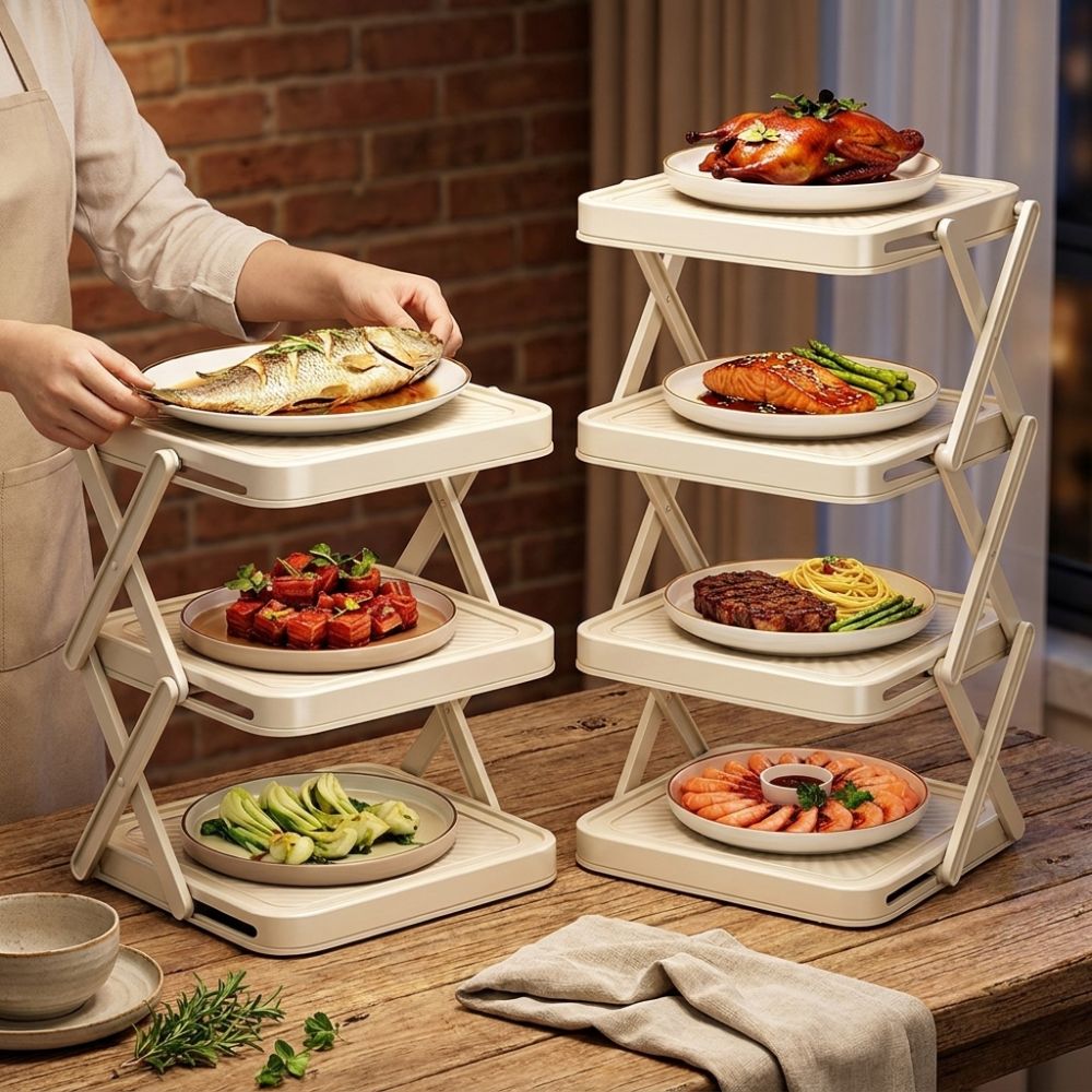Food Storage And Preparation - 3/4段式調理器具収納ラック 大容量折りたたみ式食品準備ホルダー 省スペースプラスチック製折りたたみ式プレップトレイ