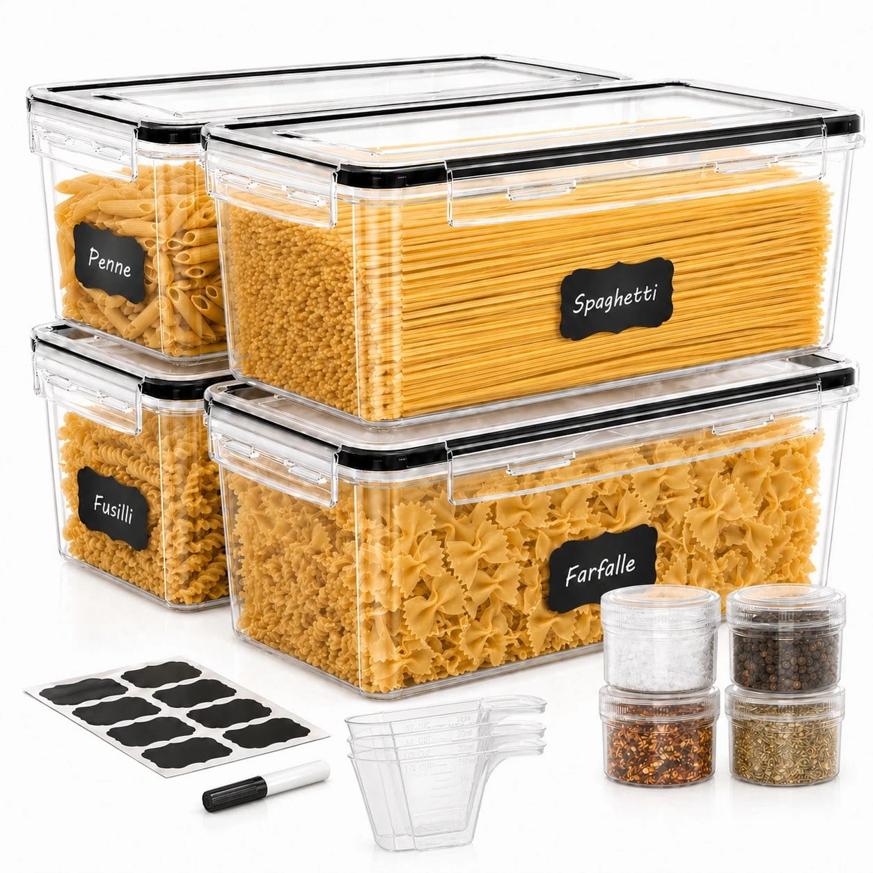 Food Storage Kitchen Container Set - 大型密閉食品保存容器セット 8個入り（蓋4個、箱4個）2.5Lプラスチック容器 スパゲッティ、乾燥食品、小麦粉、砂糖の保存に最適 キッチンパントリー整理に便利 母の日ギフト