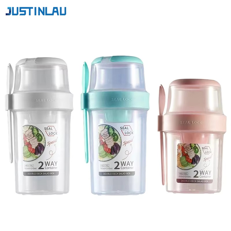 Food Storage Tupperware - JUSTINLAU ポータブルフィットネス減量サラダカップ朝食フルーツヨーグルトカップ蓋スプーン屋外食品保存ピクニック弁当箱