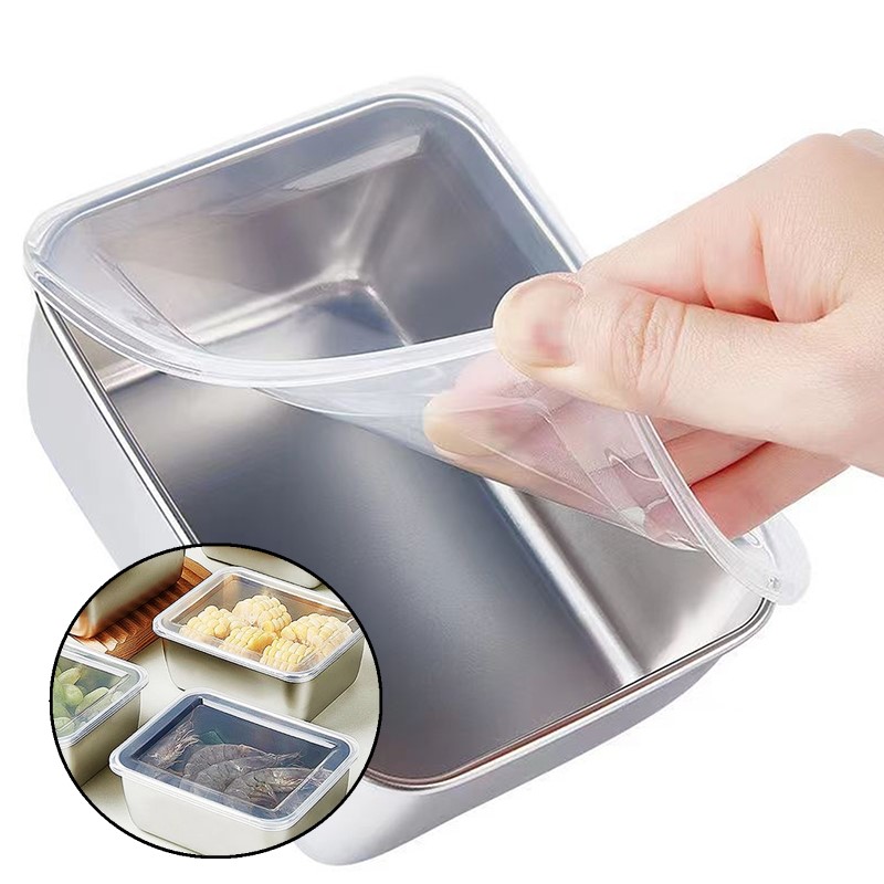 Food Storage And Preparation - 1pc ステンレス鋼冷蔵庫食品保存ボックスプラスチック蓋付き食品の準備鮮度保存ケースキッチンアクセサリー