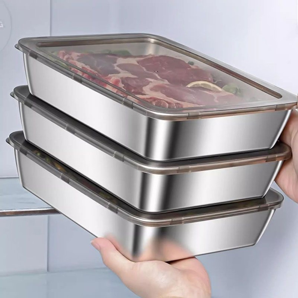 Food Storage Heat - 食品グレードのステンレス製サービングトレイ（蓋付き）、多目的な正方形収納容器、密閉型キッチンフードパン（カバー付き）