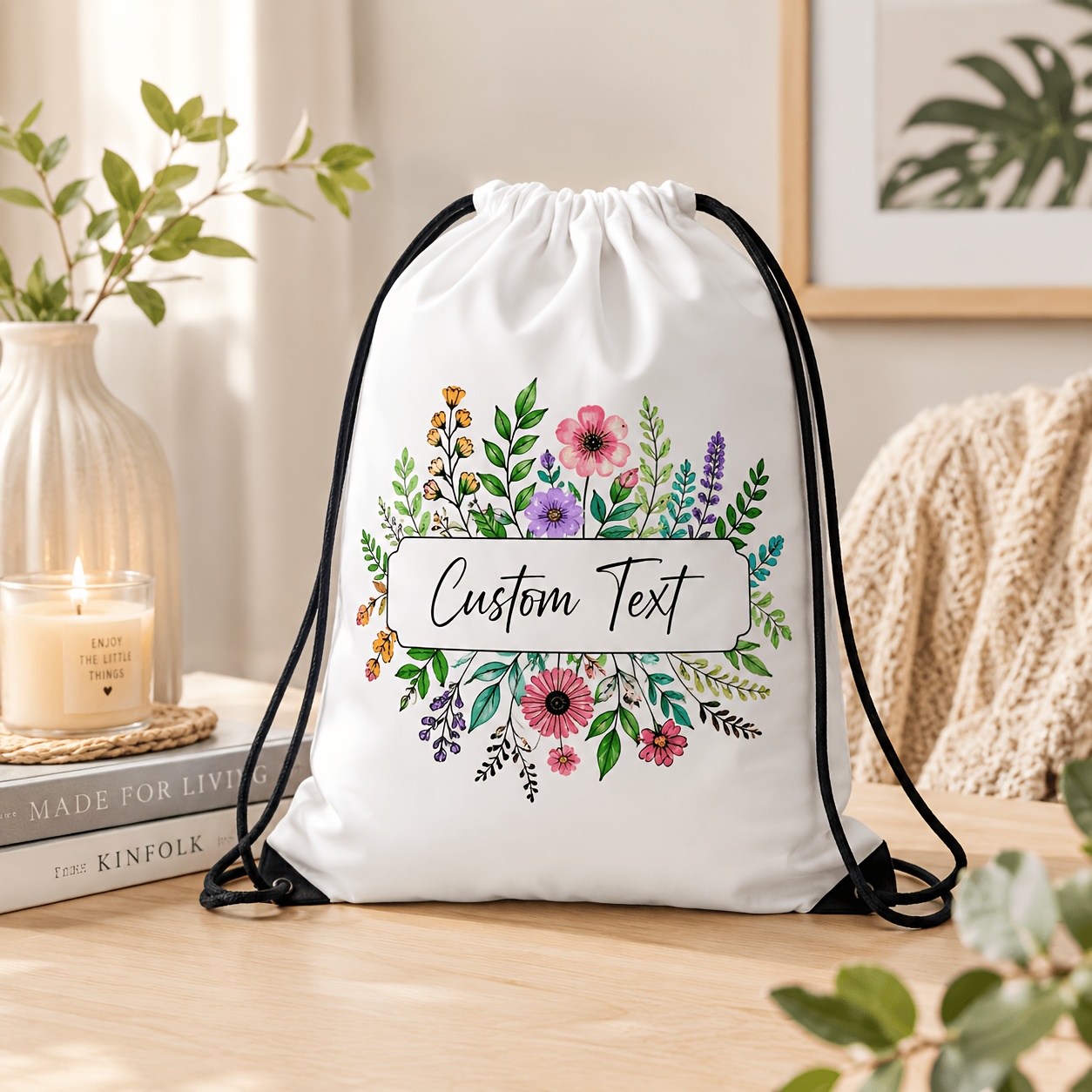 Food Storage Name - パーソナライズド巾着バッグ カスタムネーム 花柄バックパック 再利用可能なギフトバッグ パーティー記念品収納袋 女の子