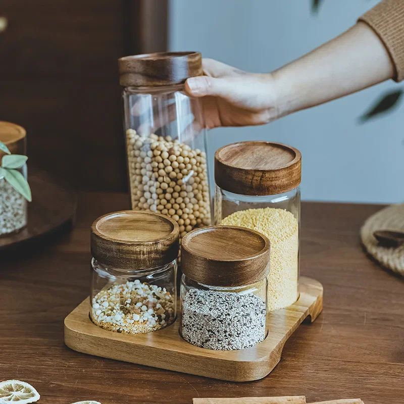 Food Storage Kitchen Container Set - 木製蓋付きガラスジャー,気密キャニスター,密閉フード容器,ベースセット付きディスペンサー,キッチンオーガナイザー