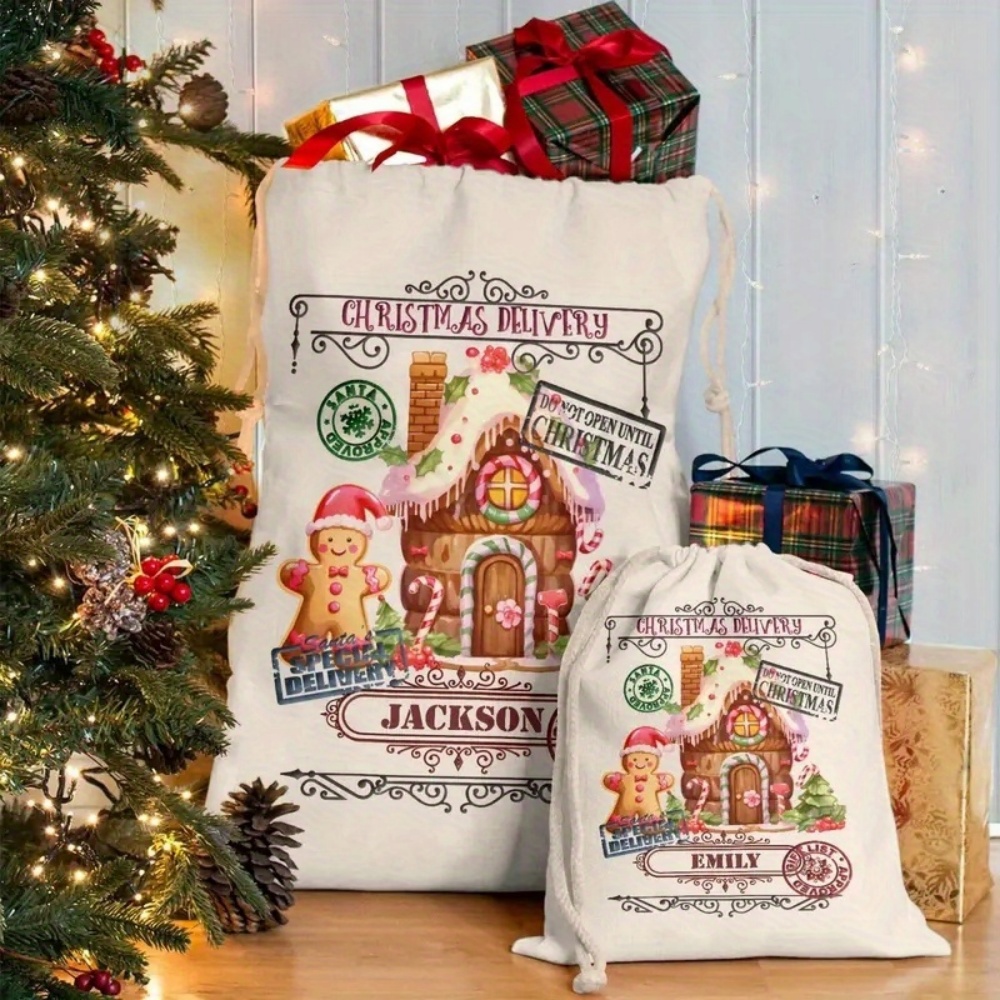 Food Storage Name - カスタムネーム入りお祝いジンジャーブレッドプリント巾着ポーチ、イミテーションリネンクリスマスギフトバッグ、パーソナライズされたホリデーストレージバッグ