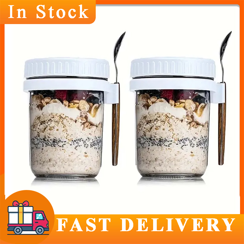 Food Storage Tupperware - オーバーナイトオーツコンテナ 蓋とスプーン付き ポータブル朝食オートミールシリアルナッツヨーグルトカップ 300ML フルーツサラダ食品収納ボックス