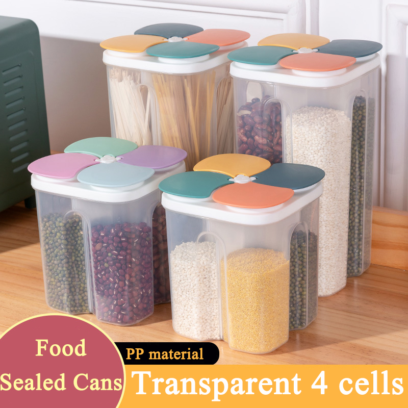 Food Storage Kitchen Container Set - キッチンシリアル収納ボックスプラスチック4グリッドシリアル密封ジャー食品容器防湿穀物タンクスパゲッティキープフレッシュボックス