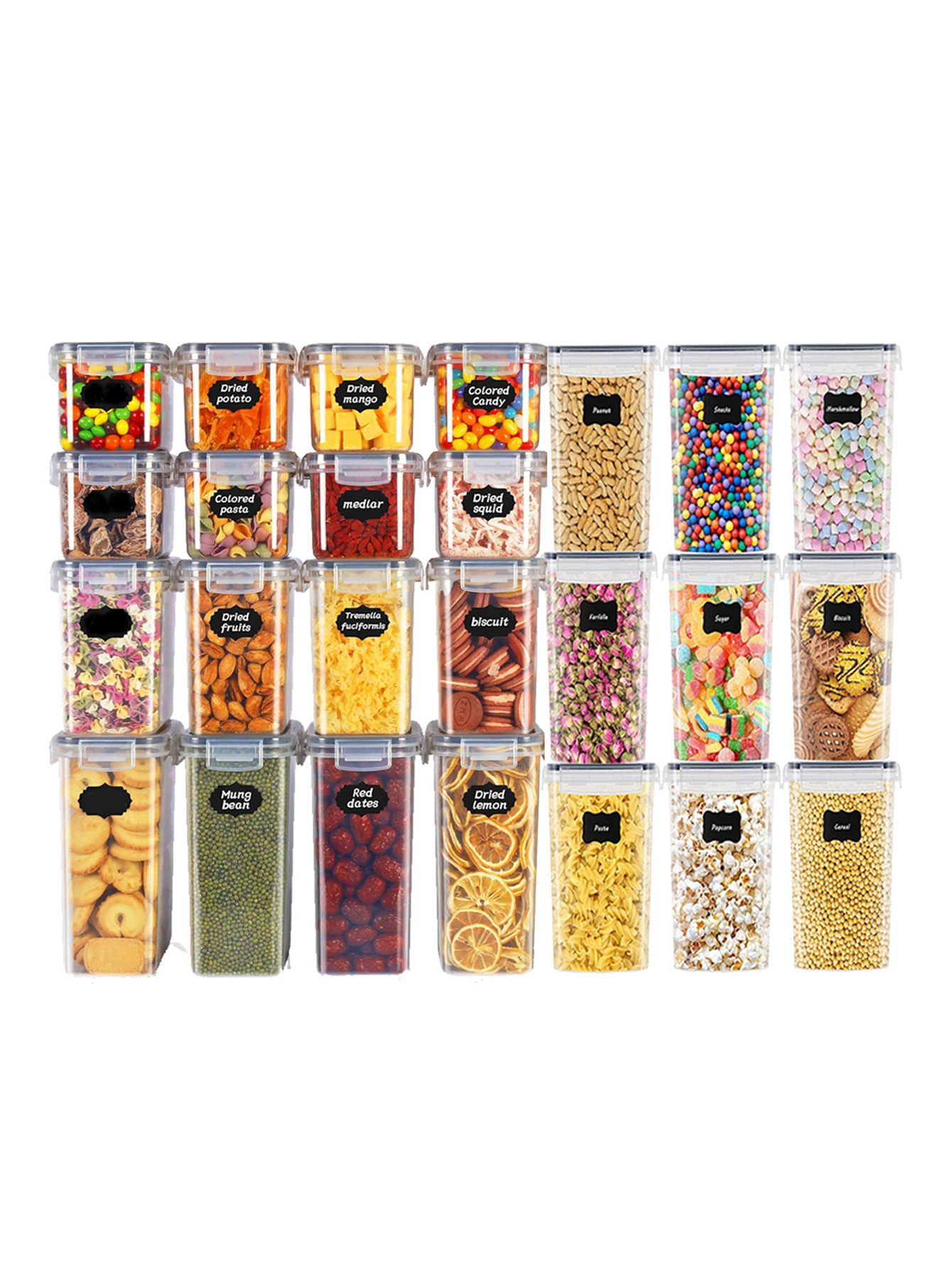Food Storage Heat - 48個入り、蓋付き密封食品保存容器、プラスチック製キッチンパントリー、乳糖、穀物、小麦粉、砂糖用の乾物保存瓶、ラベル付き