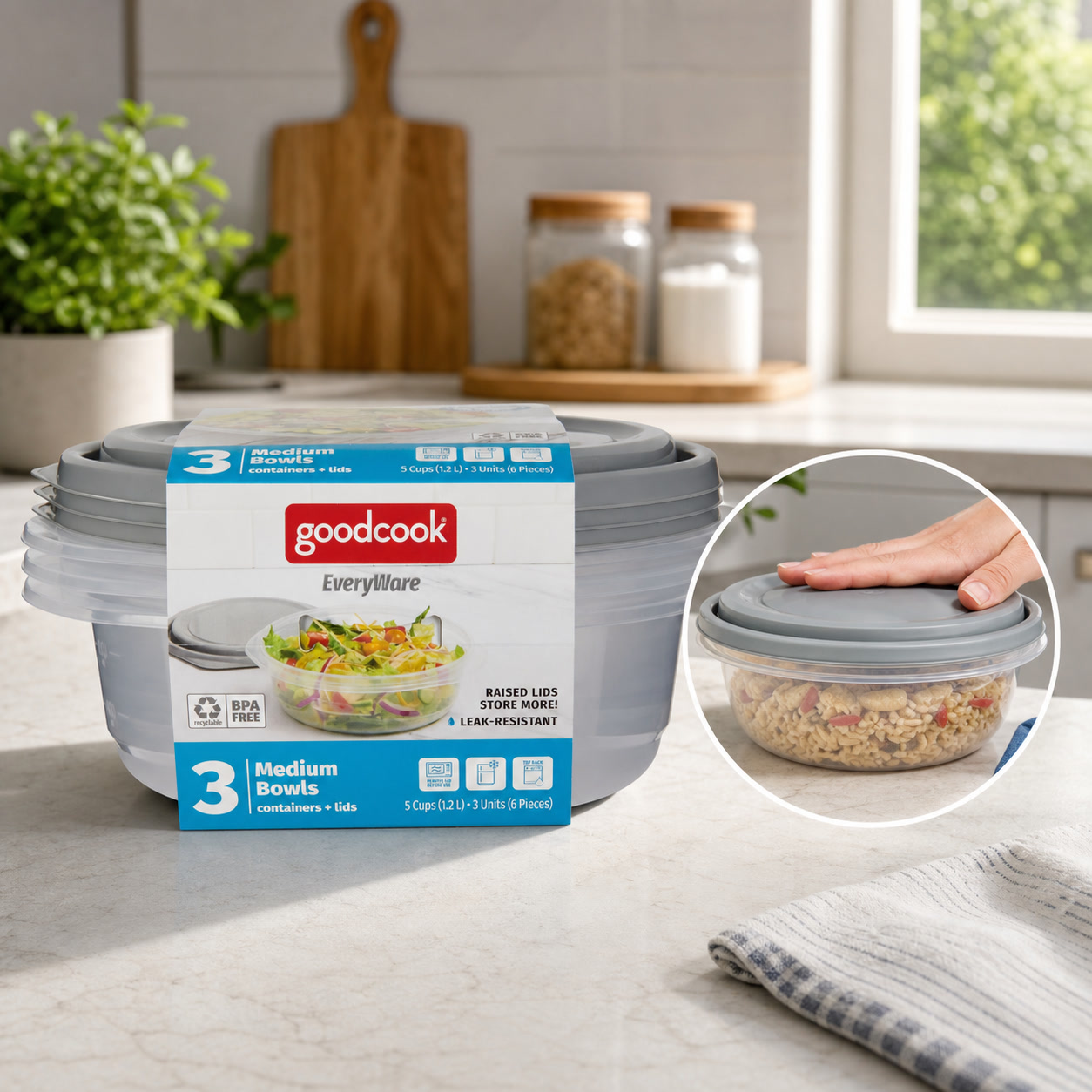 6個入り丸型5カップ食品保存容器（蓋付き）、グレーのプラスチ - Food Storage Heat のレビューと価格