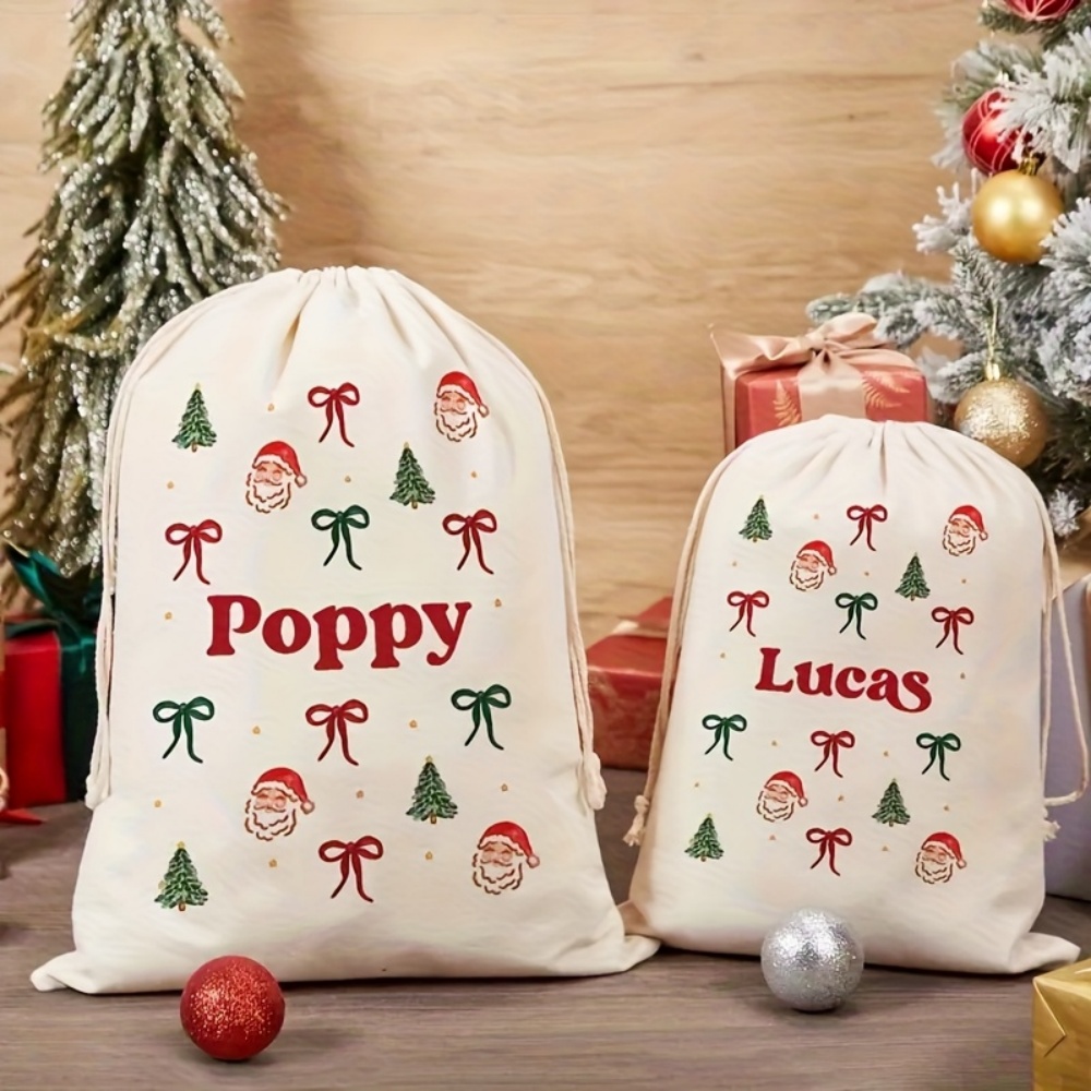 パーソナライズされたシンプルなサンタ＆クリスマスボウ付き巾着 - Food Storage Name のレビューと価格