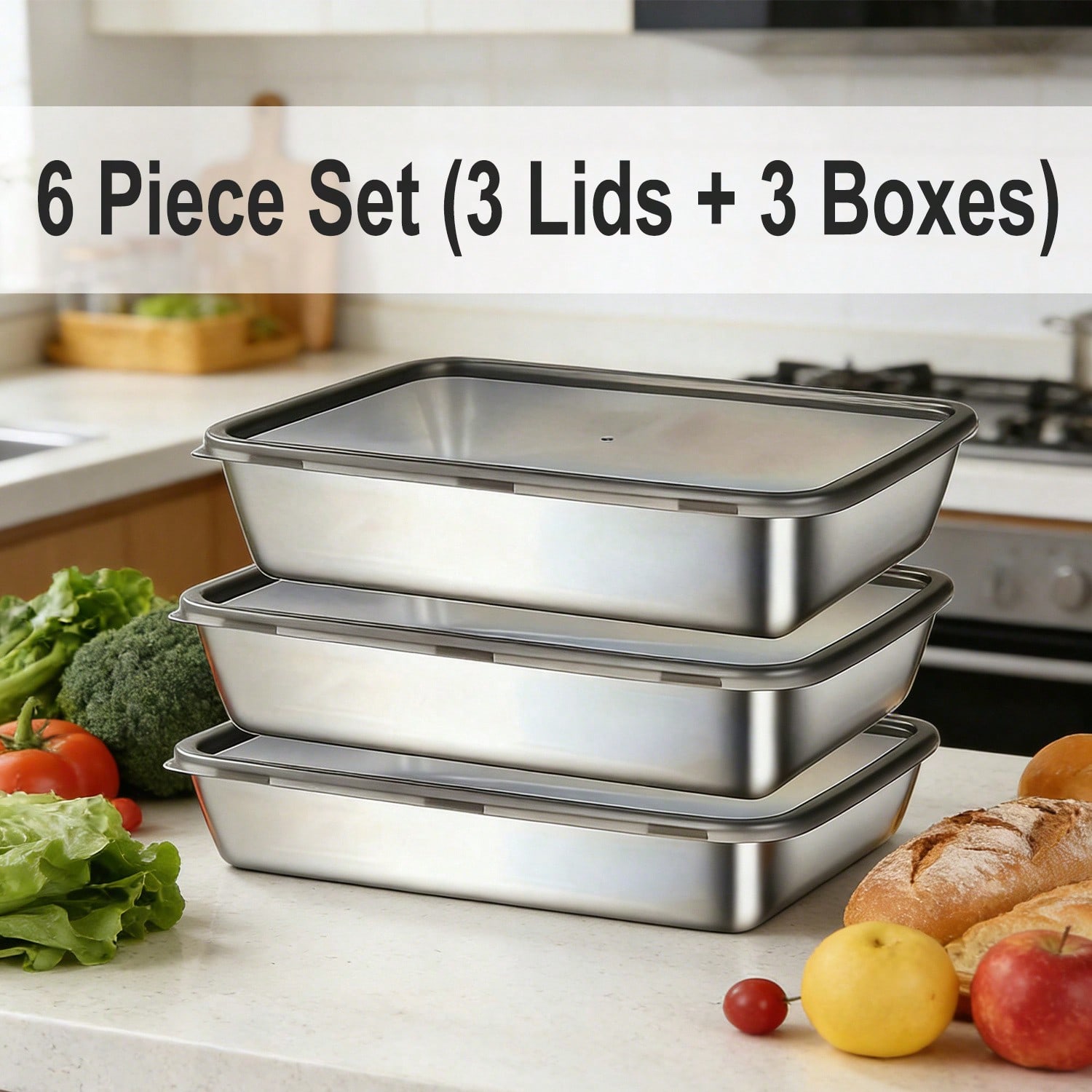 6個セット（3つの容器＋3つの蓋）ステンレス製食品保存容器セ - Food Storage Kitchen Container Set のレビューと価格