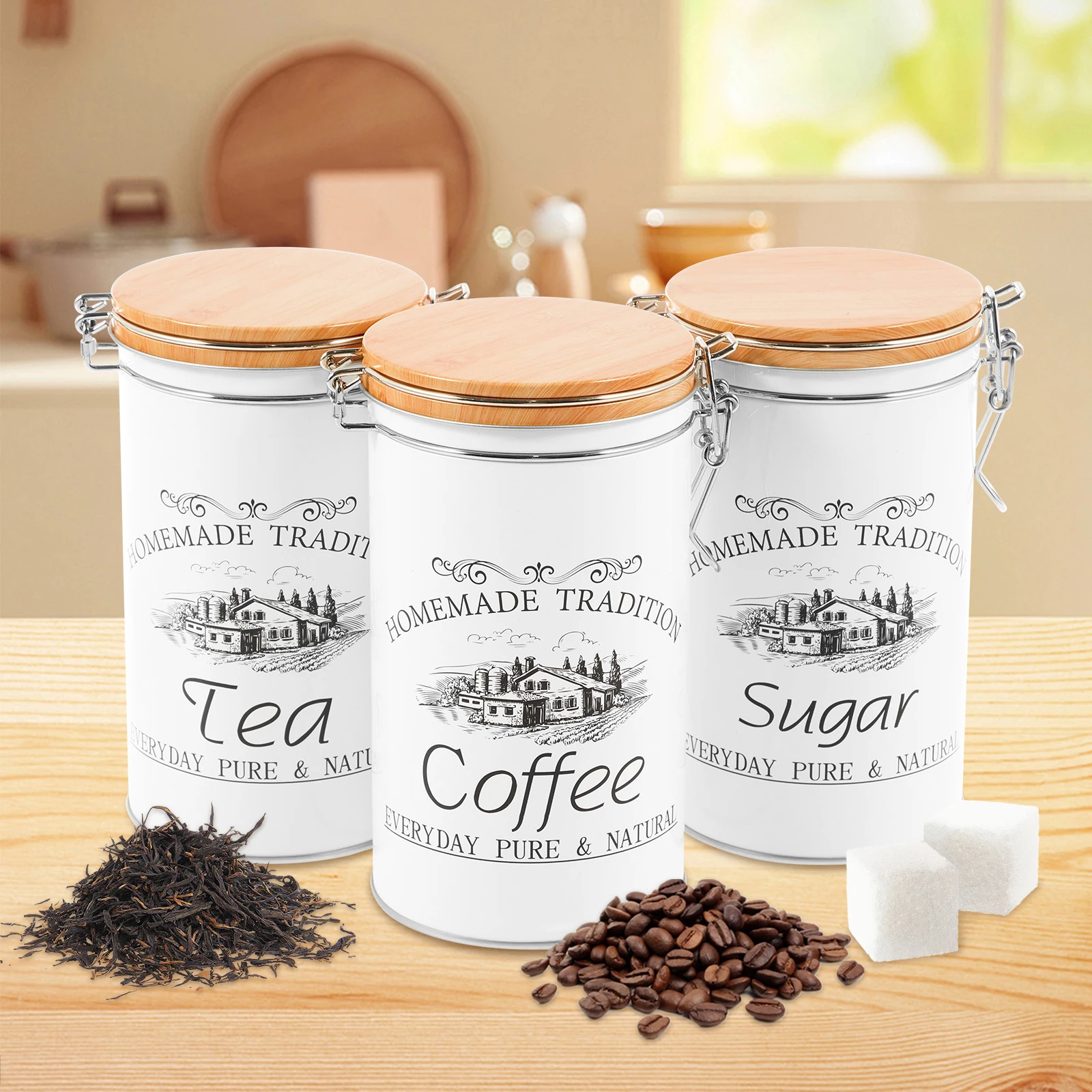3個セット 茶葉・コーヒー・砂糖用キャニスター 金属製コーヒ - Food Storage Kitchen Container Set のレビューと価格