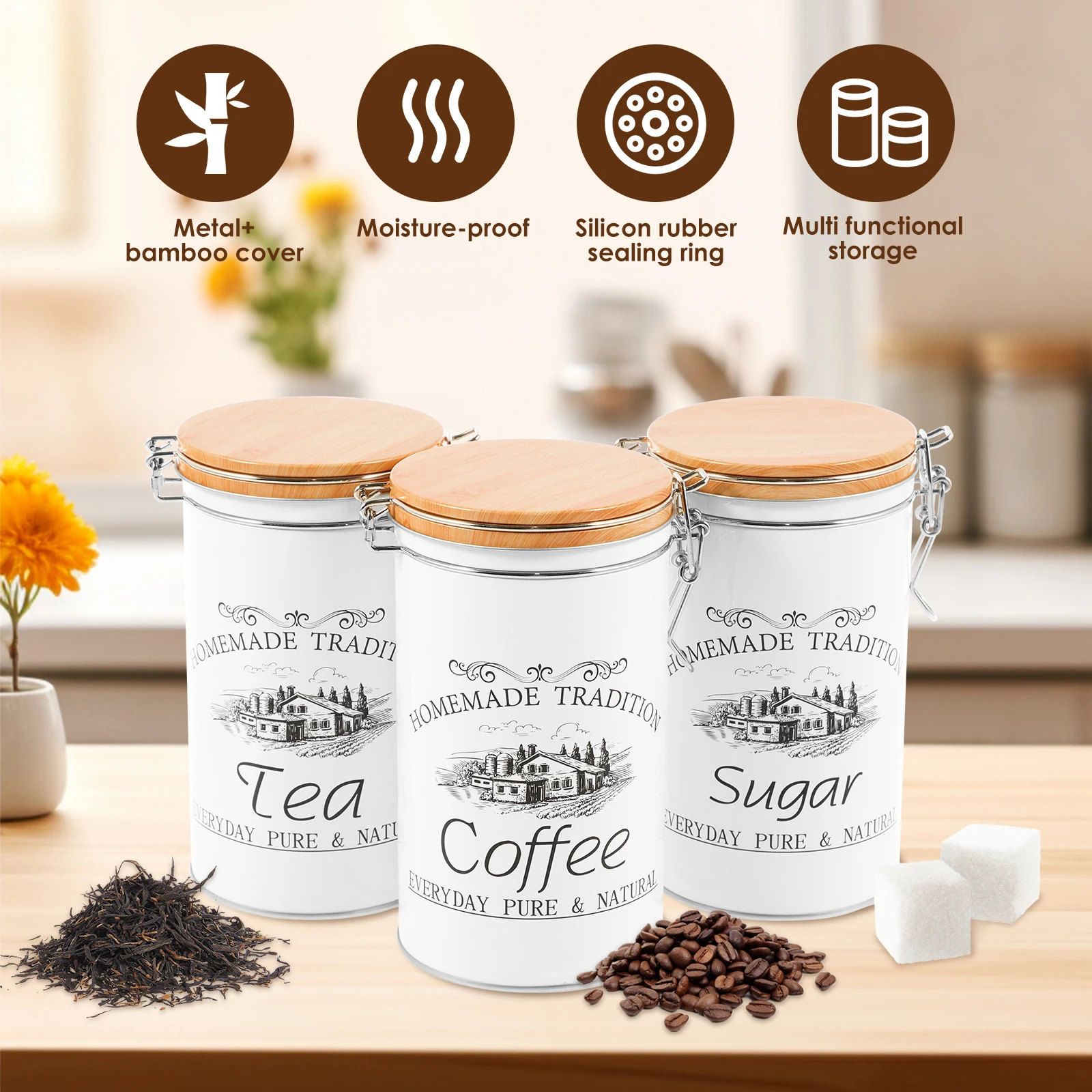 3個セット 茶葉・コーヒー・砂糖用キャニスター 金属製コーヒ - Food Storage Kitchen Container Set のレビューと価格