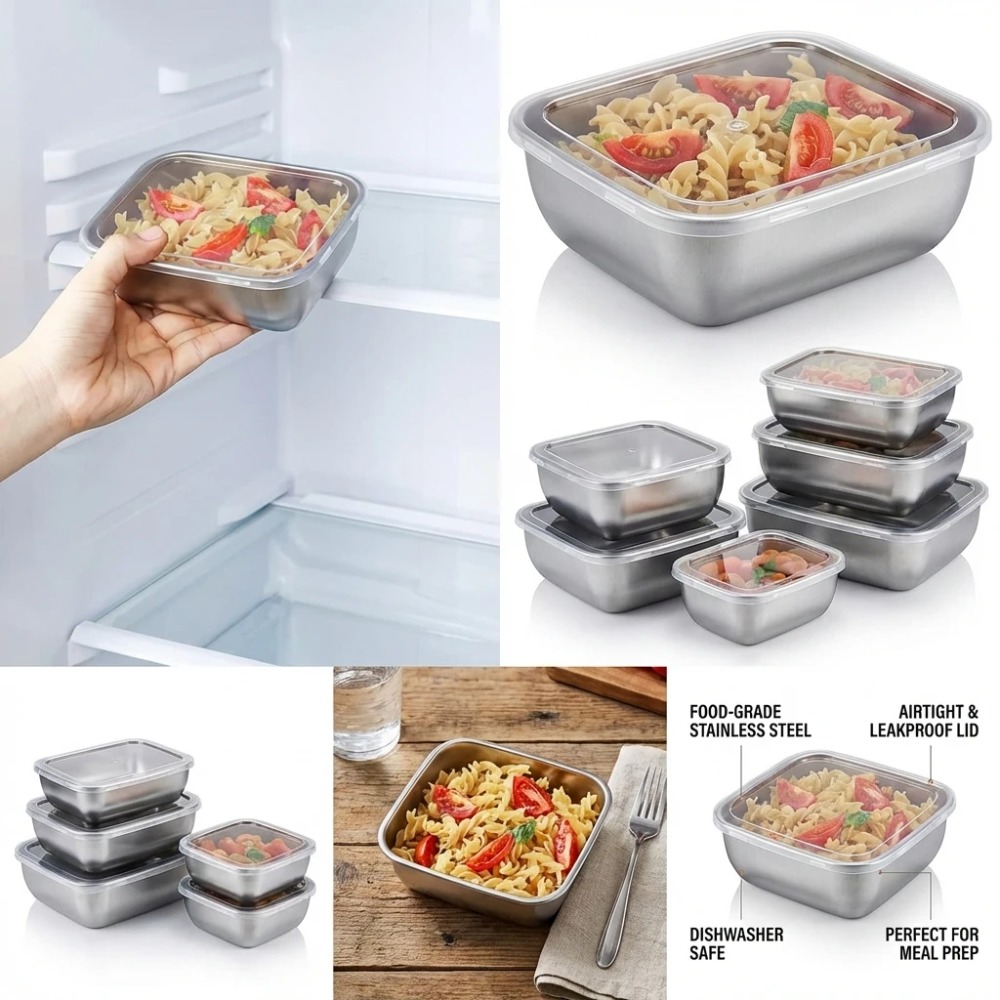 6個入りステンレス製食品保存容器漏れ防止6個入りステンレス製 - Food Storage Kitchen Container Set のレビューと価格
