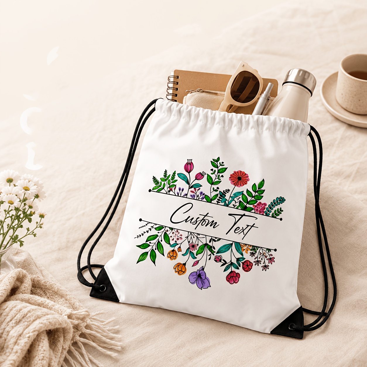 パーソナライズド巾着バッグ カスタムネーム 花柄バックパック - Food Storage Name のレビューと価格